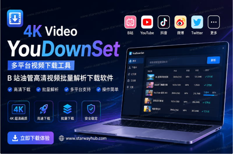 4K Video YouDownSet 多平台视频下载工具｜B 站油管高清视频批量解析下载软件-星途优栈