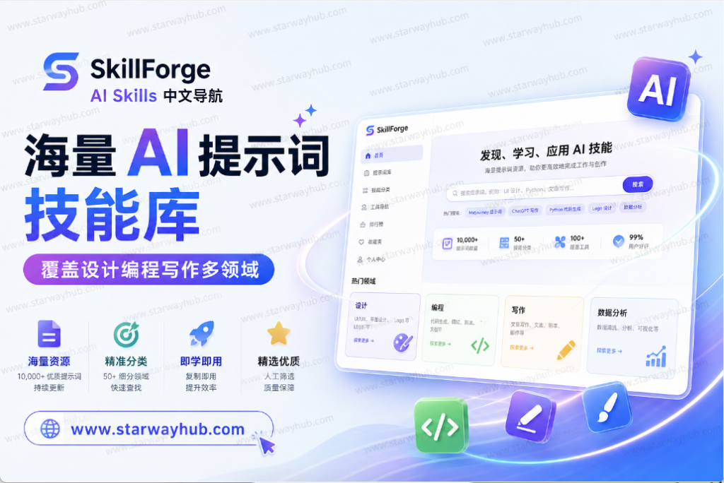 图片[1]-聚合了超过9000+个SkillForge AI Skills 中文导航 海量 AI 提示词技能库，覆盖设计编程写作多领域-星途优栈