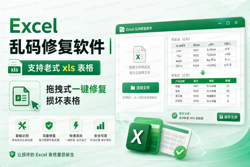 Excel 乱码修复工具 老 xls 表格一键修复 几秒拯救损坏表格文件-星途优栈